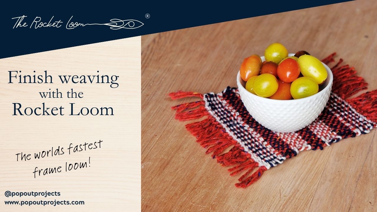 Image of finished woven place mat with bowl of tomatoes on top and title finish weaving with the rocket loom tutorial